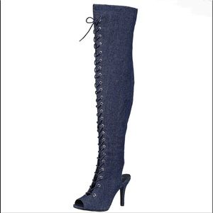 Forever Link Shoes - New Women Dk.Blue Fancy-9 Over Knee Boot Peep Toe Forever Link Shoes - New Women Dk.Blue Fancy-9 Over Knee Boot Peep Toe